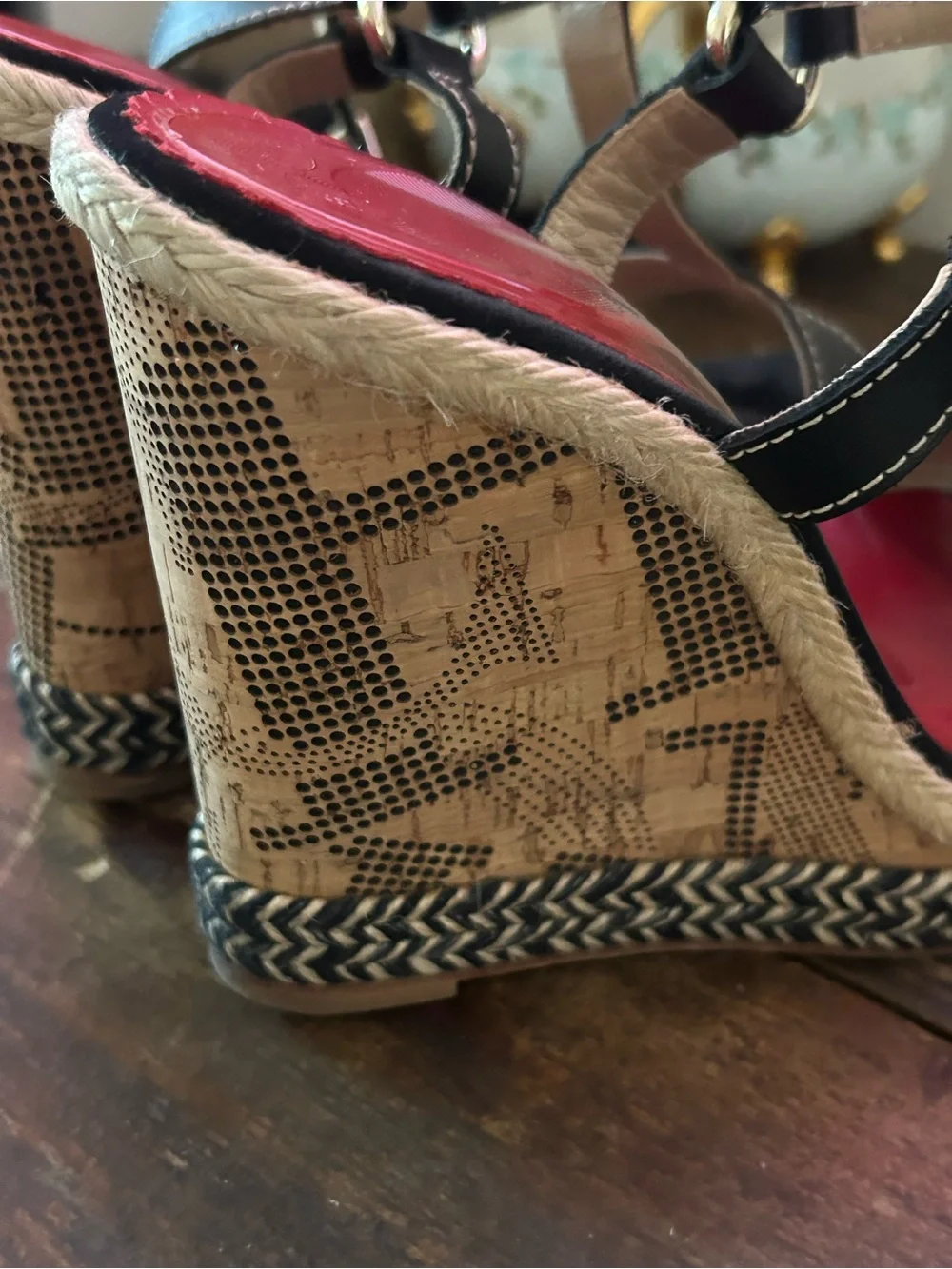 Carolina Herrera leather cork Espadrille wedges black/tan size 8 1/2